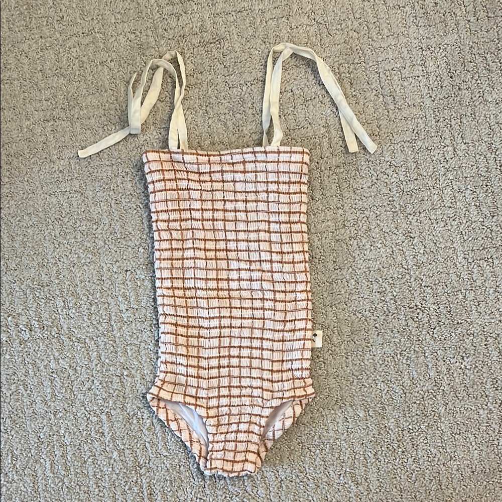 Kids One Piece Swimsuit - tan and White grid